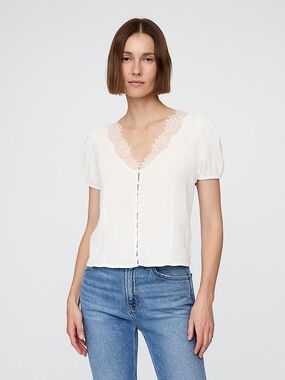 GAP White Lace-Trim V-Neck Button-Front Blouse